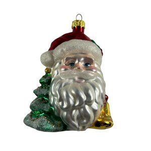 Vintage Christmas Ornament Glitter Santa Claus Face Blown Glass Tree Bells